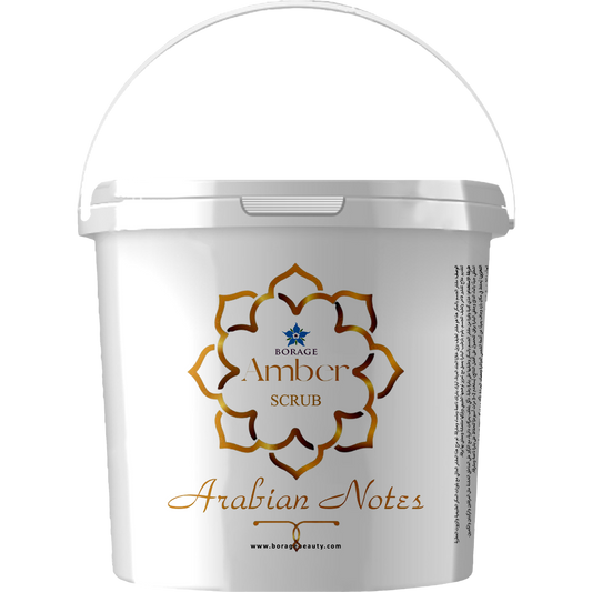 White container with gold and blue design featuring 'Borage Amber Scrub Arabian Notes' on a white background.