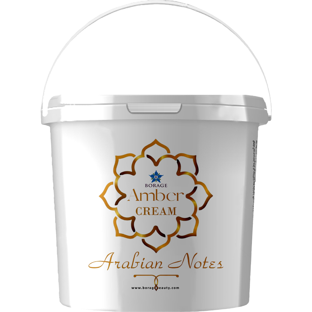 White container with 'Borage Amber Cream Arabian Notes' branding on a white background
