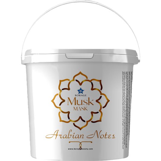 White container with gold text and design, featuring 'Borage Musk Mask Arabian Notes' on a white background.