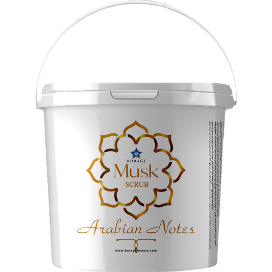 White container of Musk Scrub with gold text and Borage logo on a white background