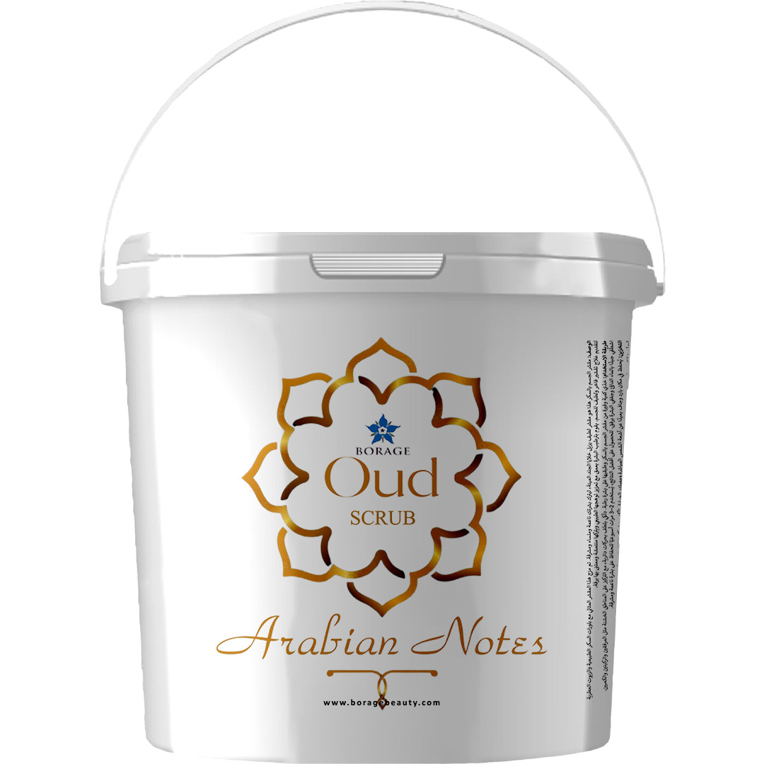 White container with 'Oud Scrub' and 'Arabian Notes' text on a white background