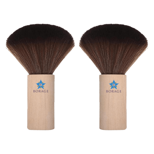 Two Borage brand makeup brushes with brown bristles on a white background
