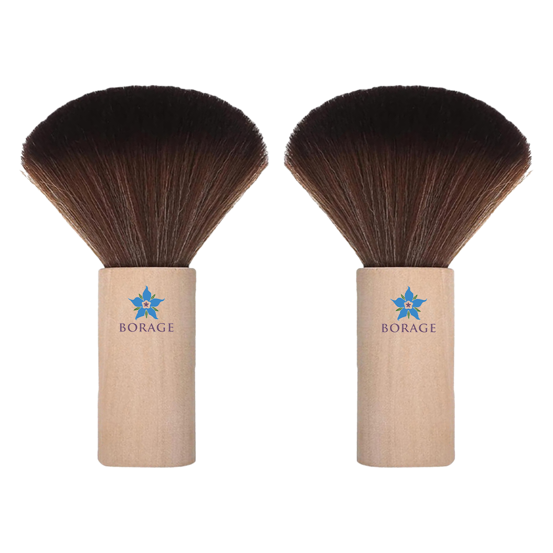 Two Borage brand makeup brushes with brown bristles on a white background
