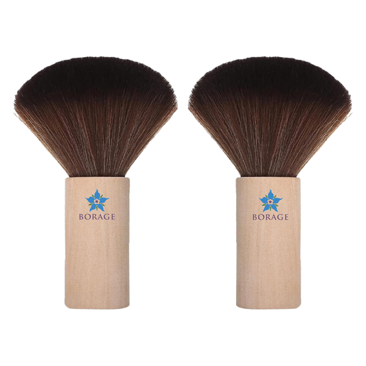 Two Borage brand makeup brushes with brown bristles on a white background