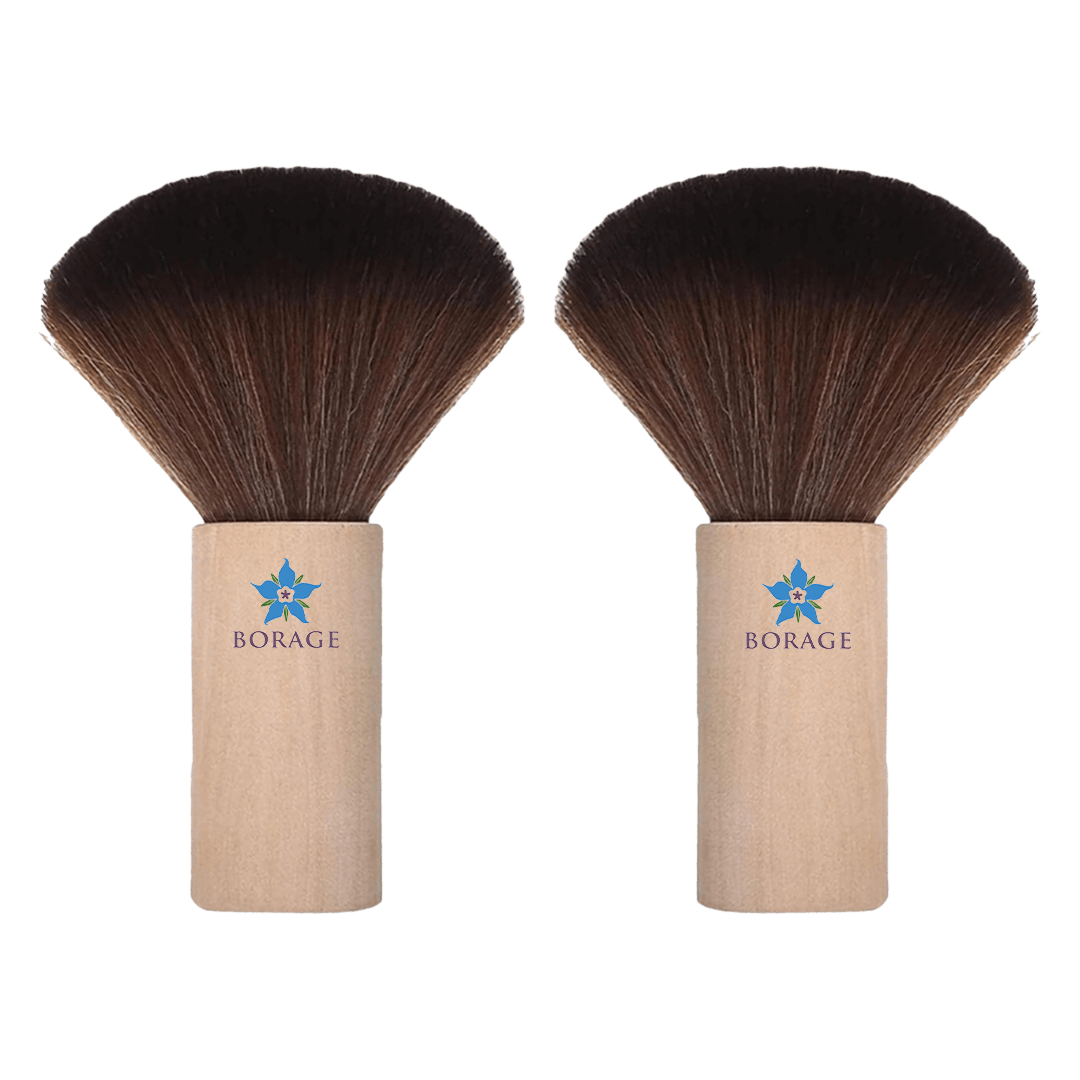 Two Borage brand makeup brushes with brown bristles on a white background