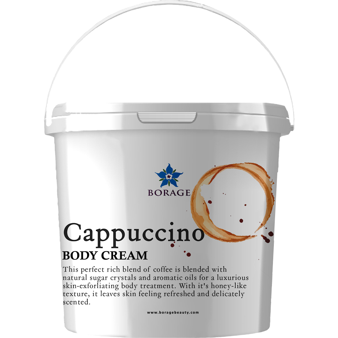 Borage Cappuccino body cream container on a white background