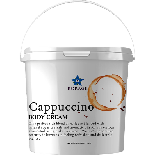 Borage Cappuccino body cream container on a white background