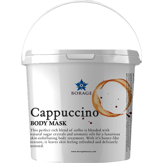 Cappuccino body mask container with Borage logo on a white background