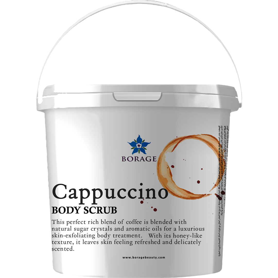 Cappuccino body scrub container with Borage logo on a white background
