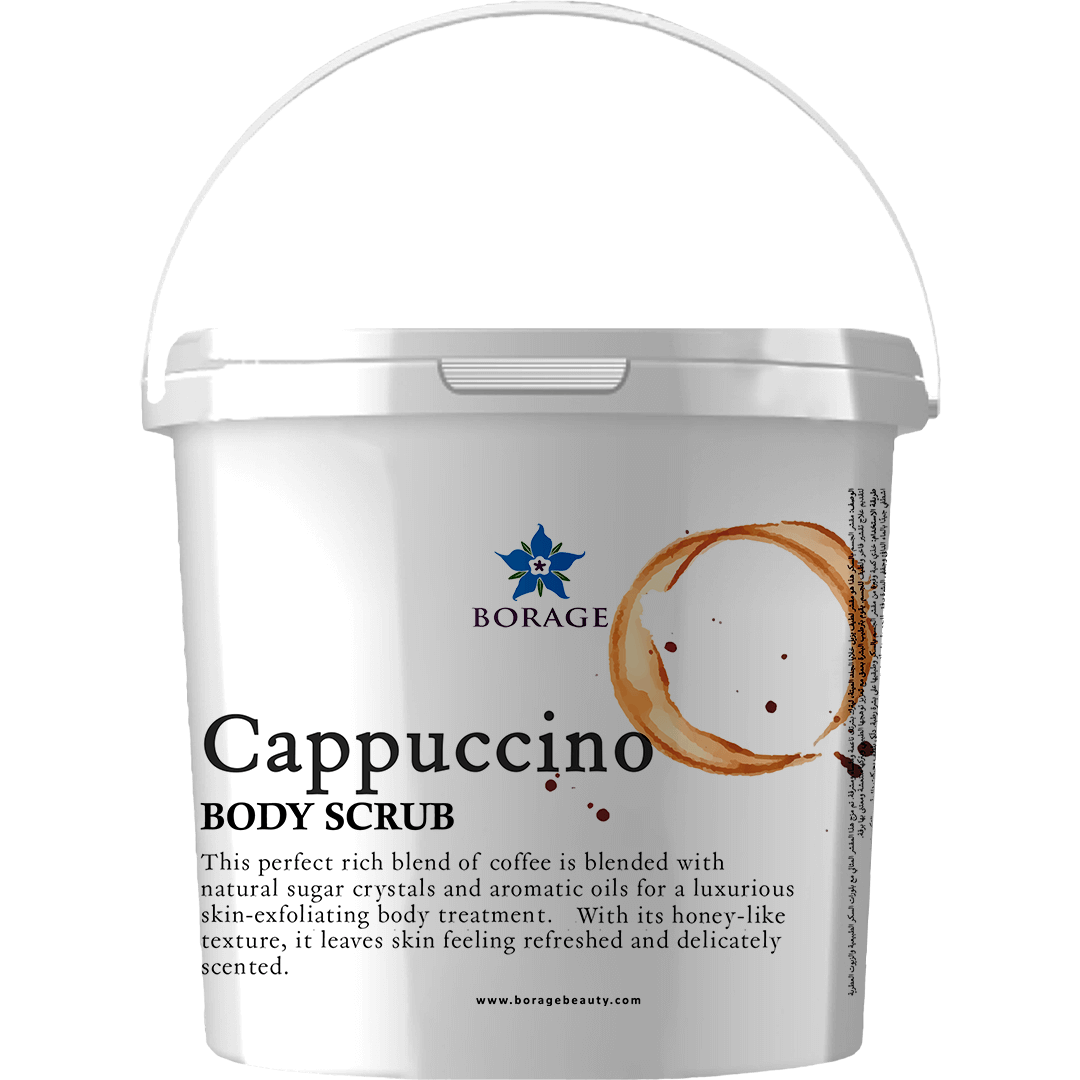 Cappuccino body scrub container with Borage logo on a white background