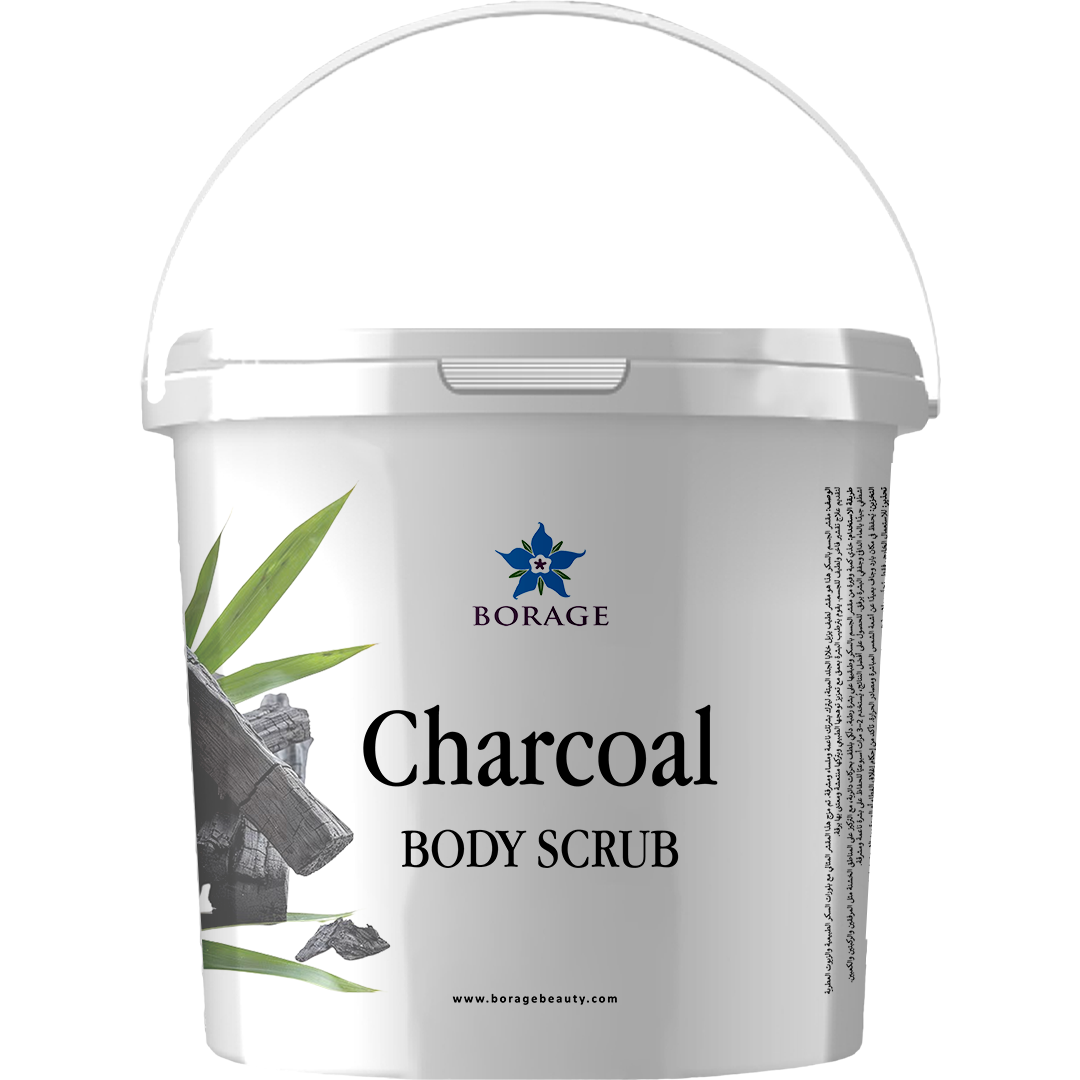 Bottle of Borage Charcoal Body Scrub on a white background