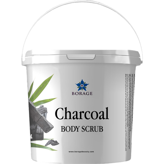 Bottle of Borage Charcoal Body Scrub on a white background