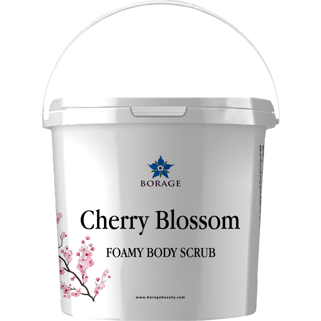 Bottle of Cherry Blossom Foamy Body Scrub by Borage on a white background