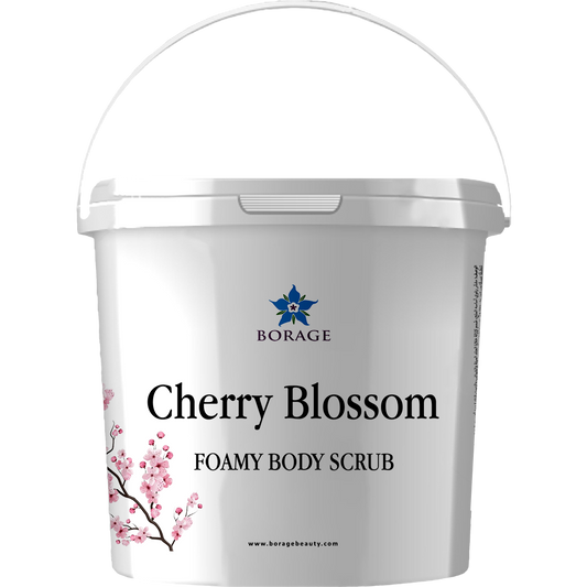 Bottle of Cherry Blossom Foamy Body Scrub by Borage on a white background