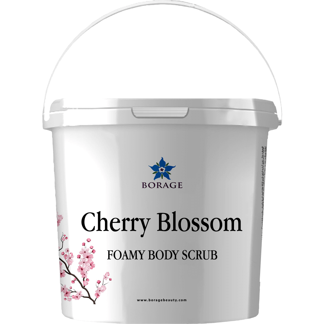 Bottle of Cherry Blossom Foamy Body Scrub by Borage on a white background