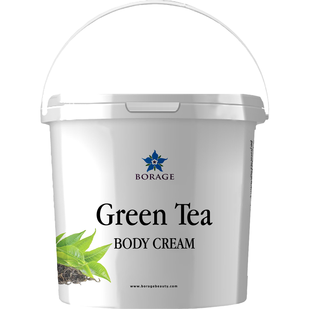 White container of Green Tea Body Cream with Borage logo on a white background