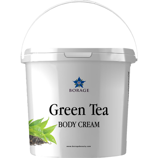 White container of Green Tea Body Cream with Borage logo on a white background