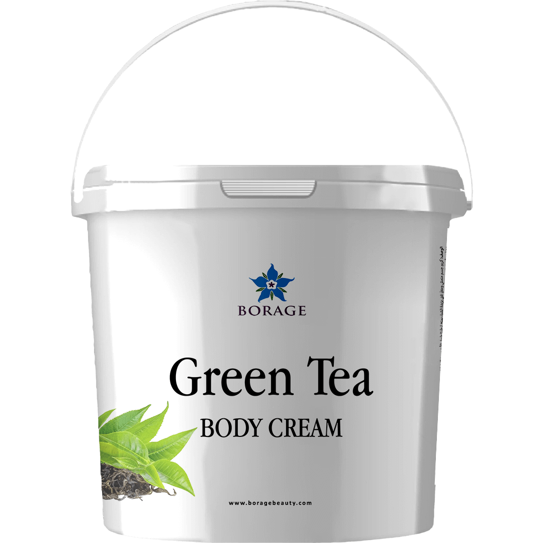 White container of Green Tea Body Cream with Borage logo on a white background