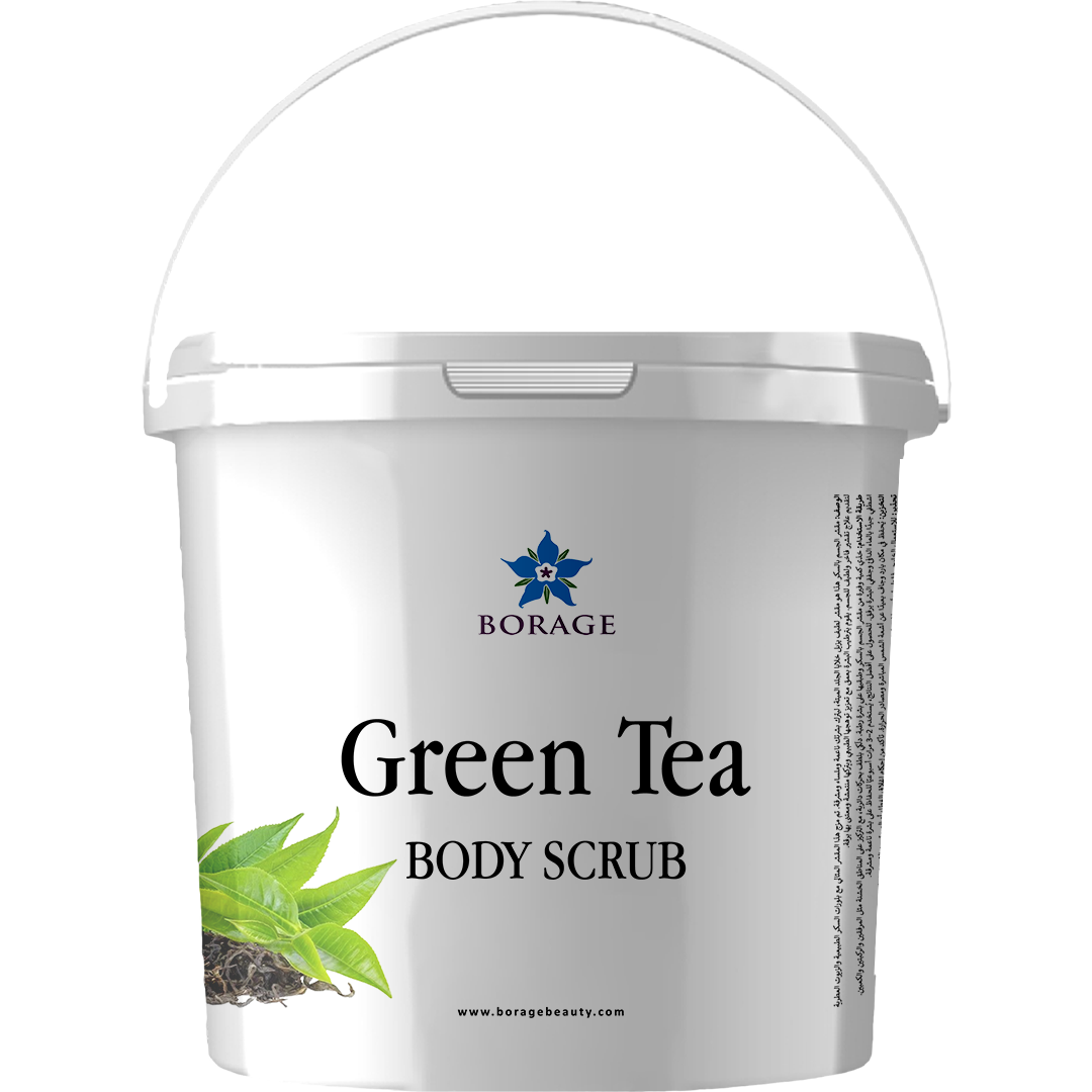 Bottle of Borage Green Tea Body Scrub on a white background