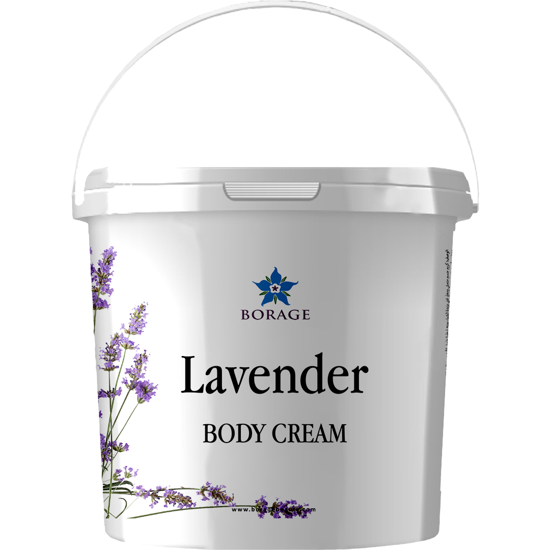 Bottle of lavender body cream with Borage logo on a white background