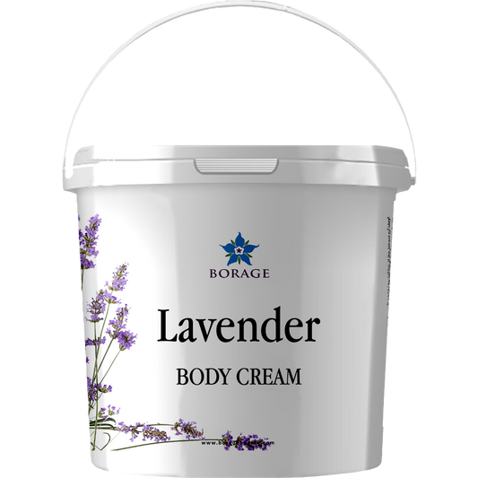 Bottle of lavender body cream with Borage logo on a white background