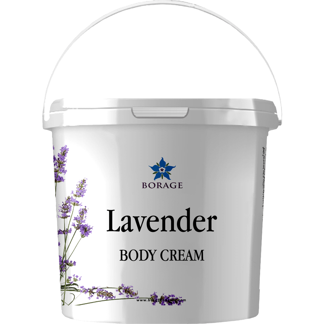 Bottle of lavender body cream with Borage logo on a white background