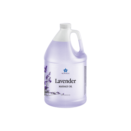 Bottle of lavender massage oil on a white background