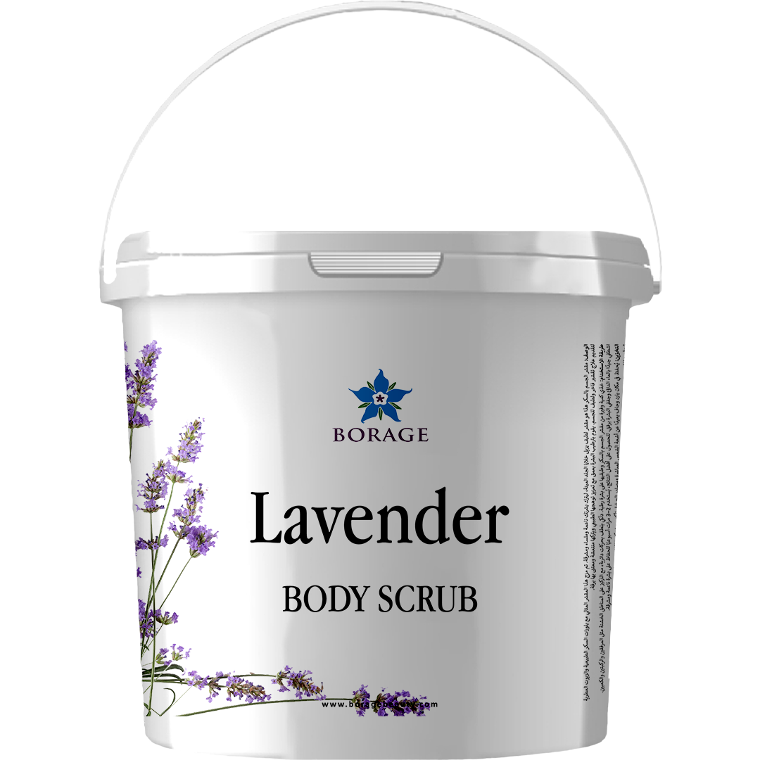 Bottle of lavender body scrub with Borage logo on a white background