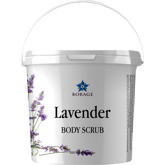 Bottle of lavender body scrub with Borage logo on a white background