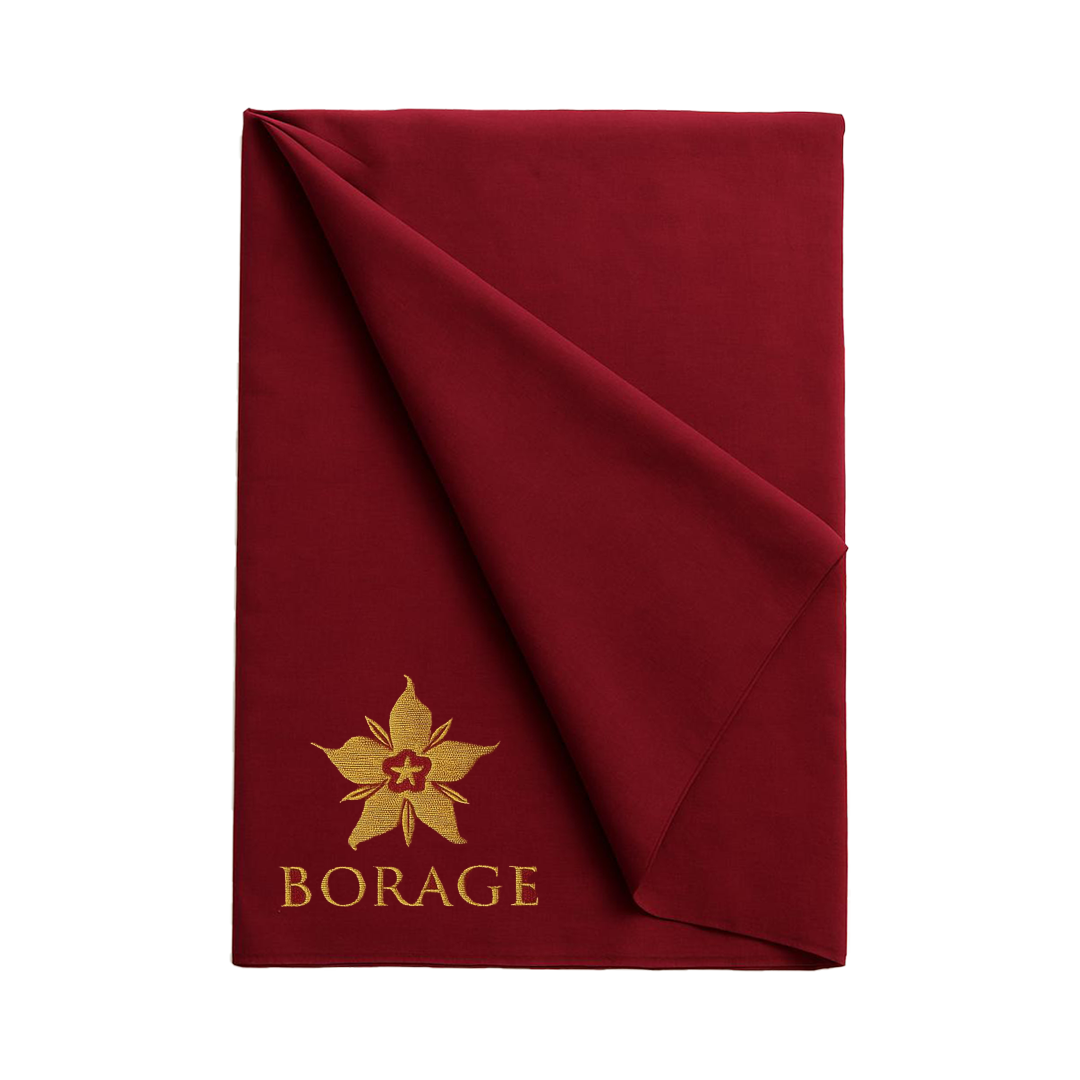Folded red blanket with gold 'Borage' logo on a white background
