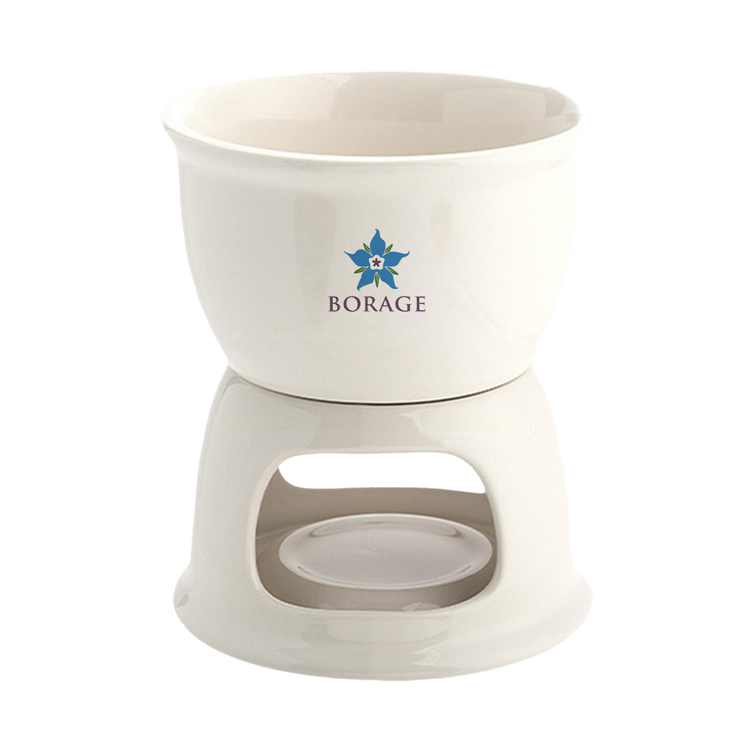 White ceramic oil burner with 'BORAGE' logo on a white background