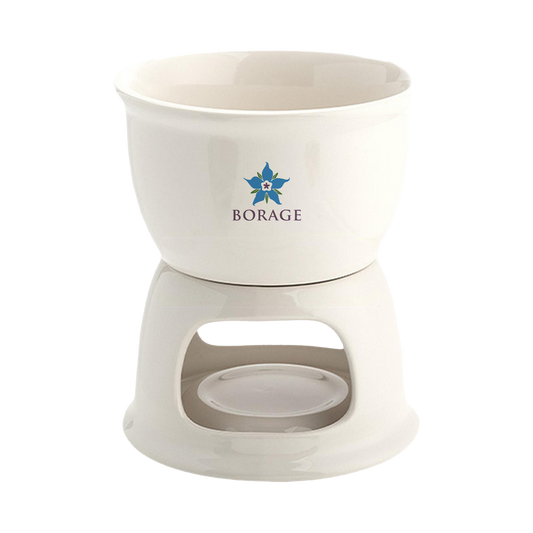 White ceramic oil burner with 'BORAGE' logo on a white background