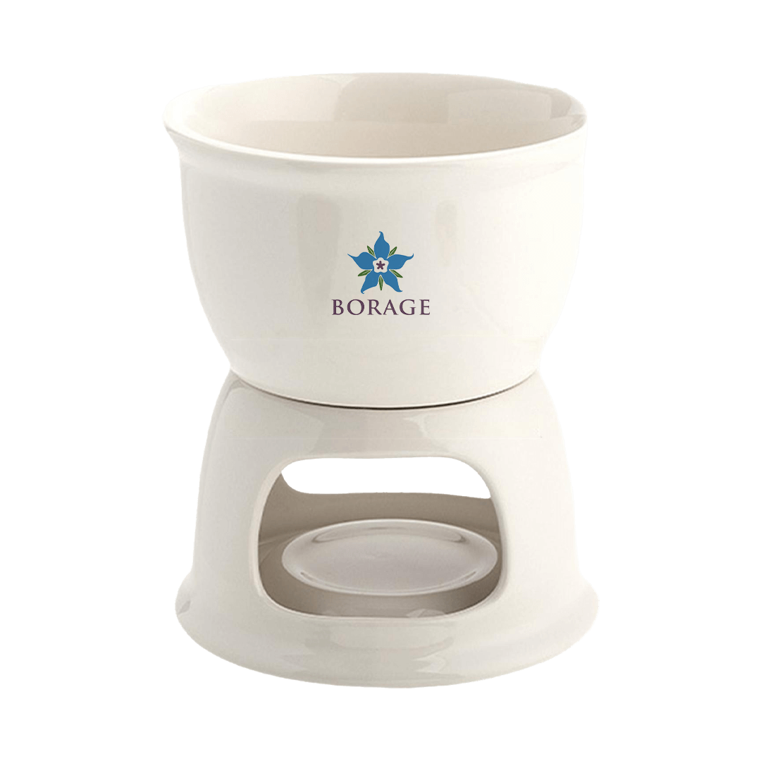 White ceramic oil burner with 'BORAGE' logo on a white background