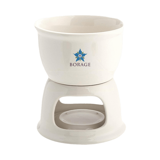 White ceramic oil burner with 'BORAGE' logo on a white background
