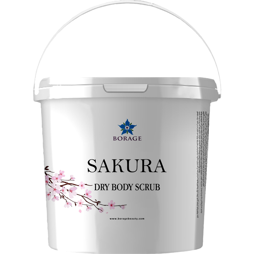 White container of Sakura dry body scrub with Borage branding on a white background