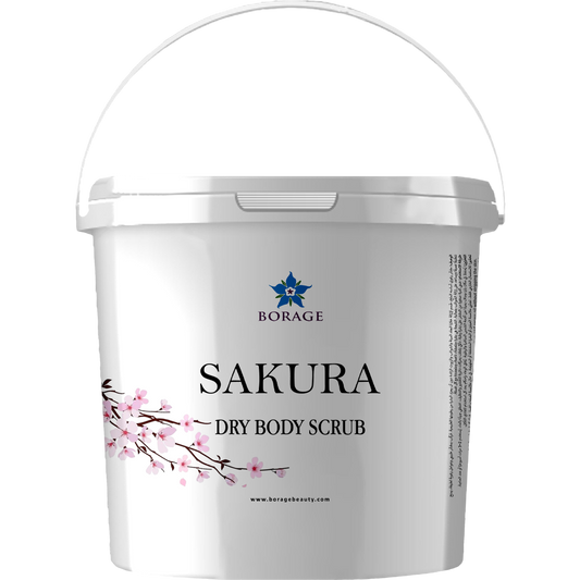 White container of Sakura dry body scrub with Borage branding on a white background
