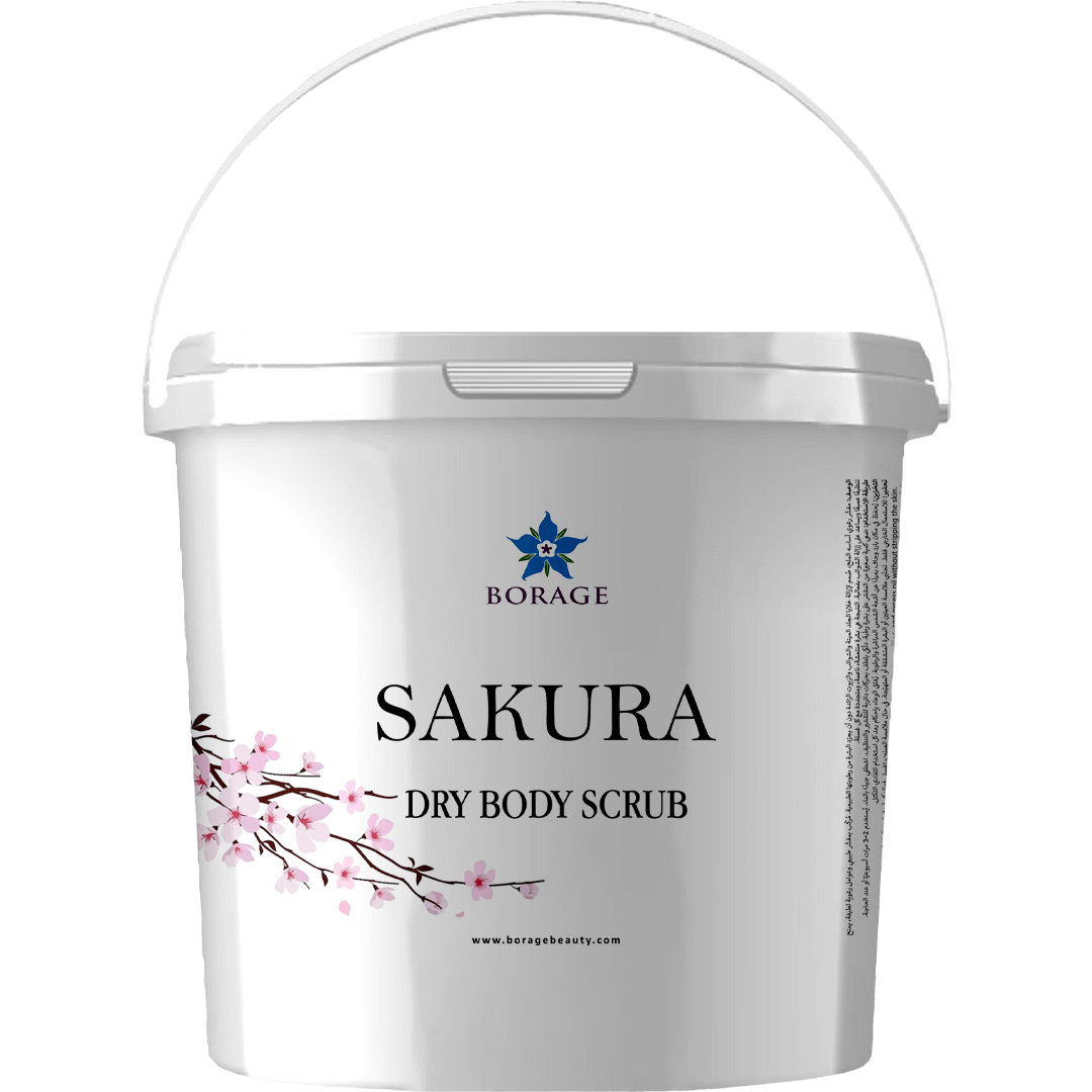 White container of Sakura dry body scrub with Borage branding on a white background