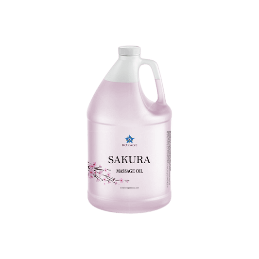 Bottle of Sakura massage oil on a white background