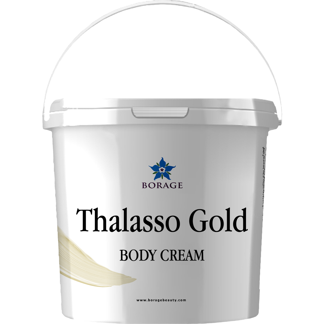 Bottle of Thalasso Gold body cream with Borage logo on a white background