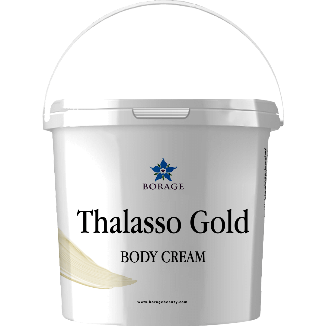 Bottle of Thalasso Gold body cream with Borage logo on a white background