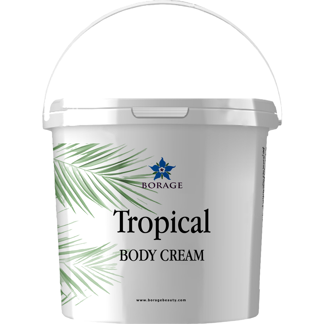 Tropical body cream container with Borage logo on a white background