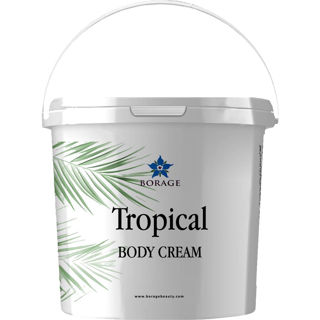 Tropical body cream container with Borage logo on a white background