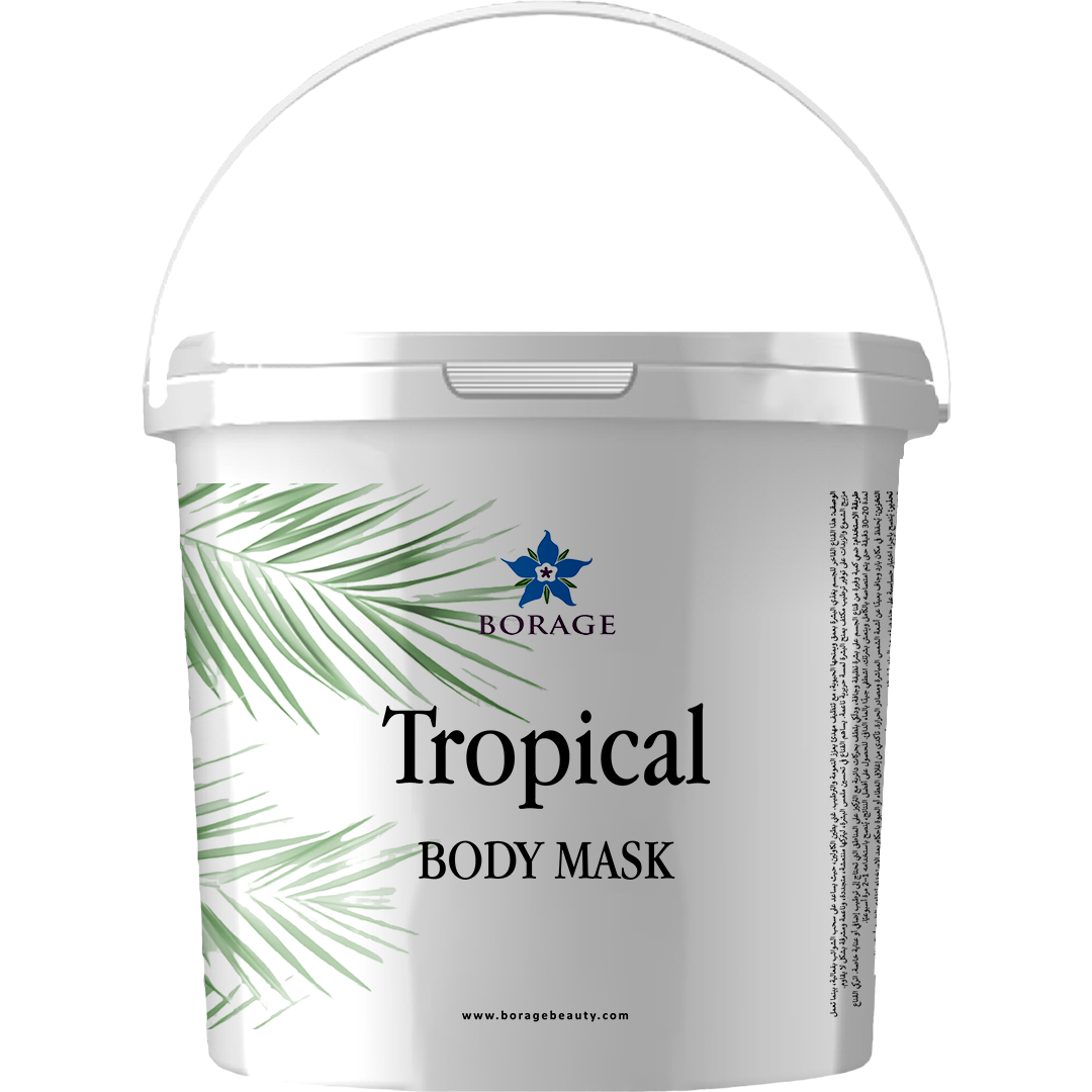 Tropical body mask container with Borage logo and branding on a white background