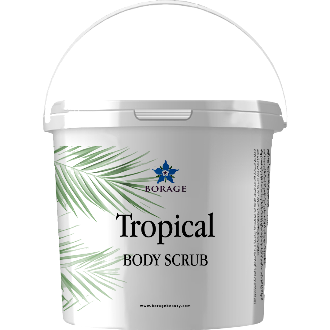 Tropical body scrub container with Borage logo on a white background