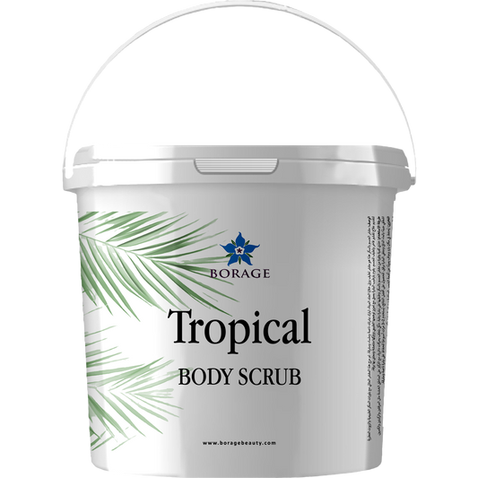 Tropical body scrub container with Borage logo on a white background