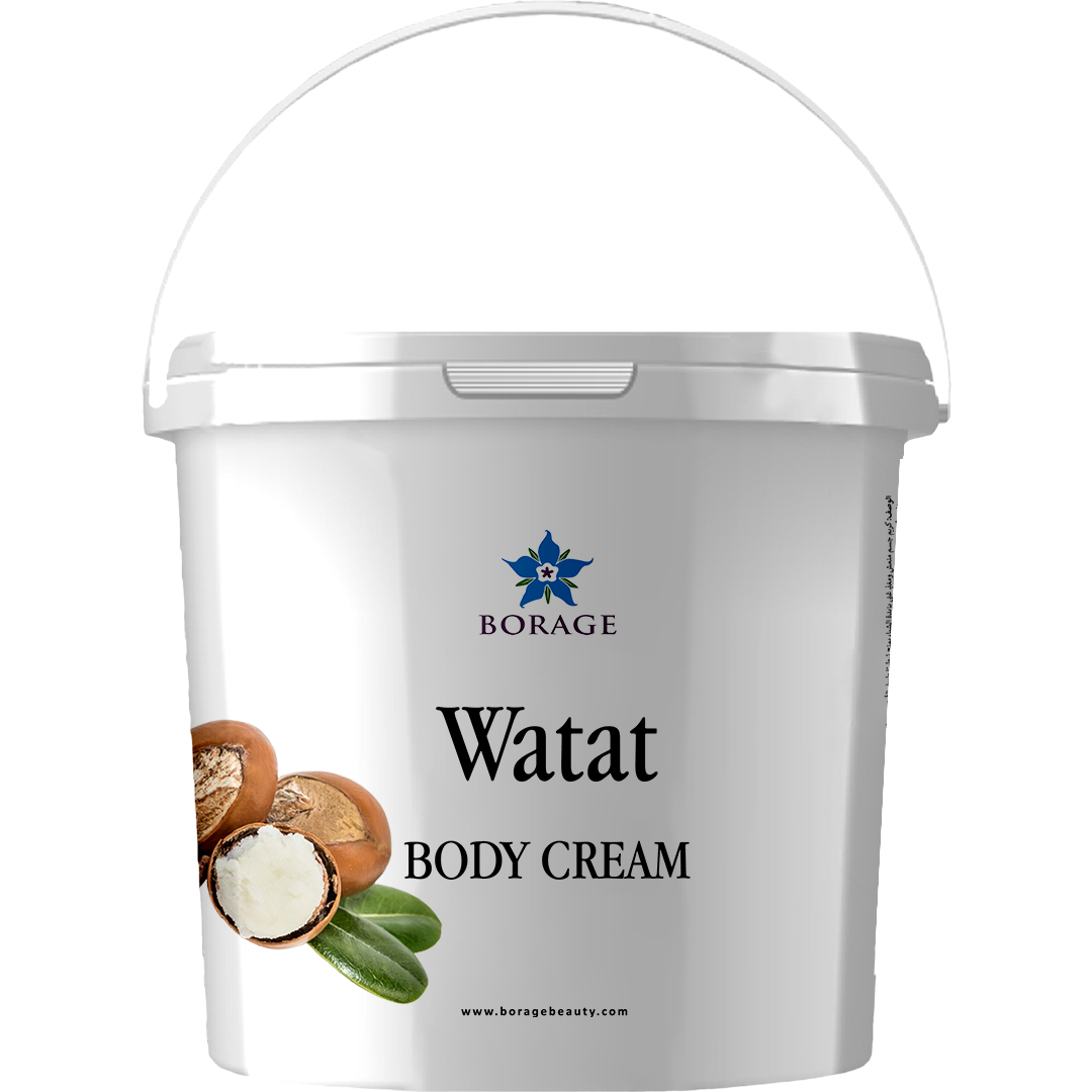 Bote de crema corporal 'Watat' de Borage con imagen de baya y hoja en el packaging.