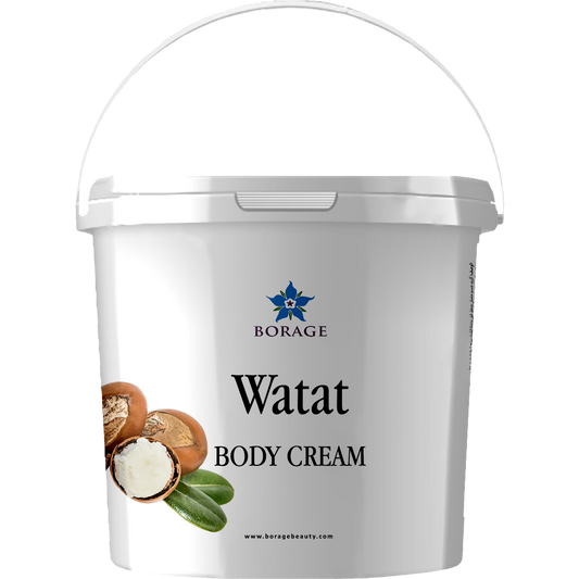 Bote de crema corporal 'Watat' de Borage con imagen de baya y hoja en el packaging.