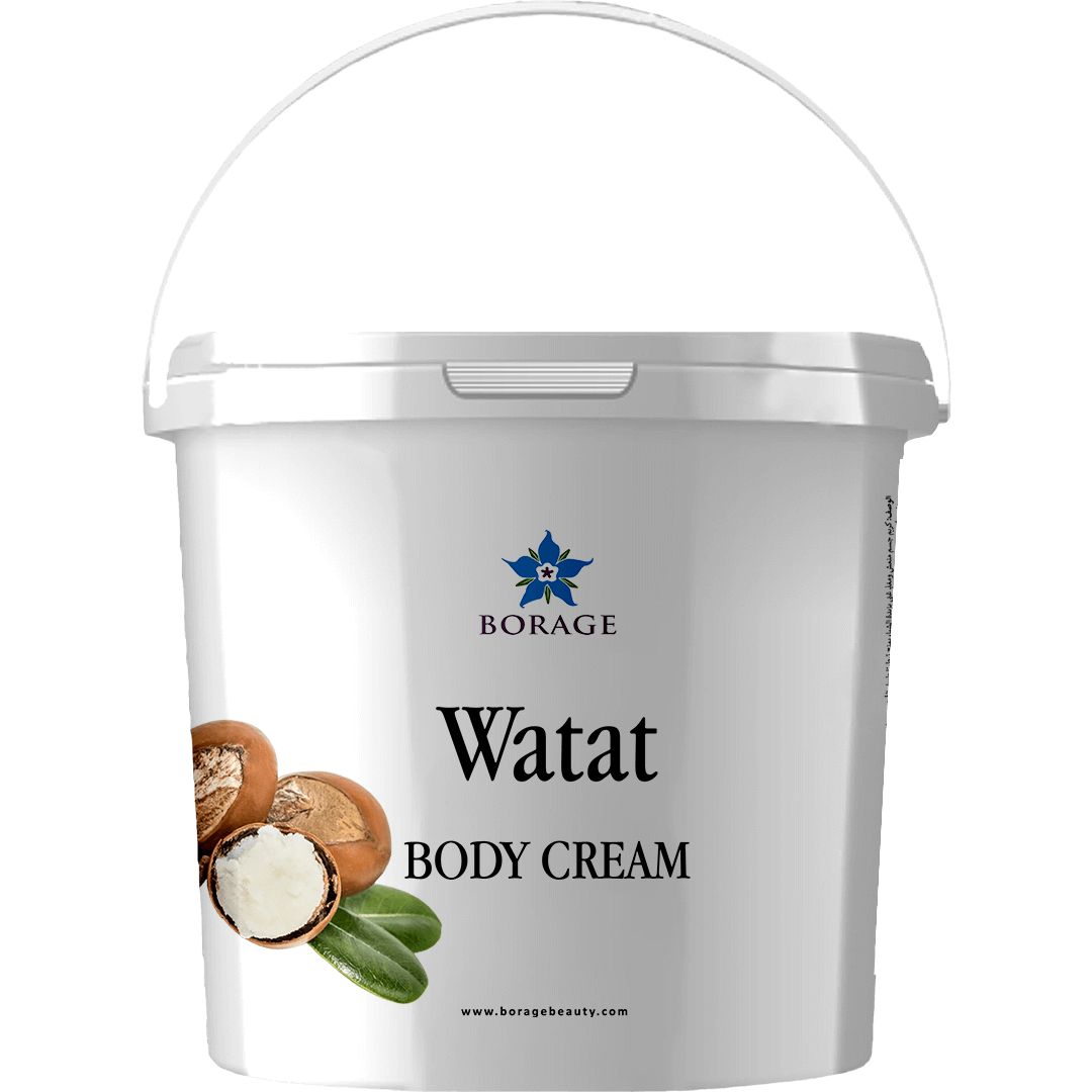 Bote de crema corporal 'Watat' de Borage con imagen de baya y hoja en el packaging.