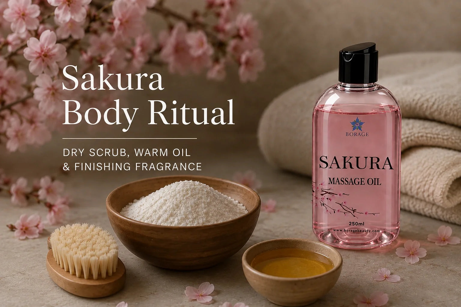 Sakura body ritual with dry scrub, warm oil and BORAGE Sakura massage oil