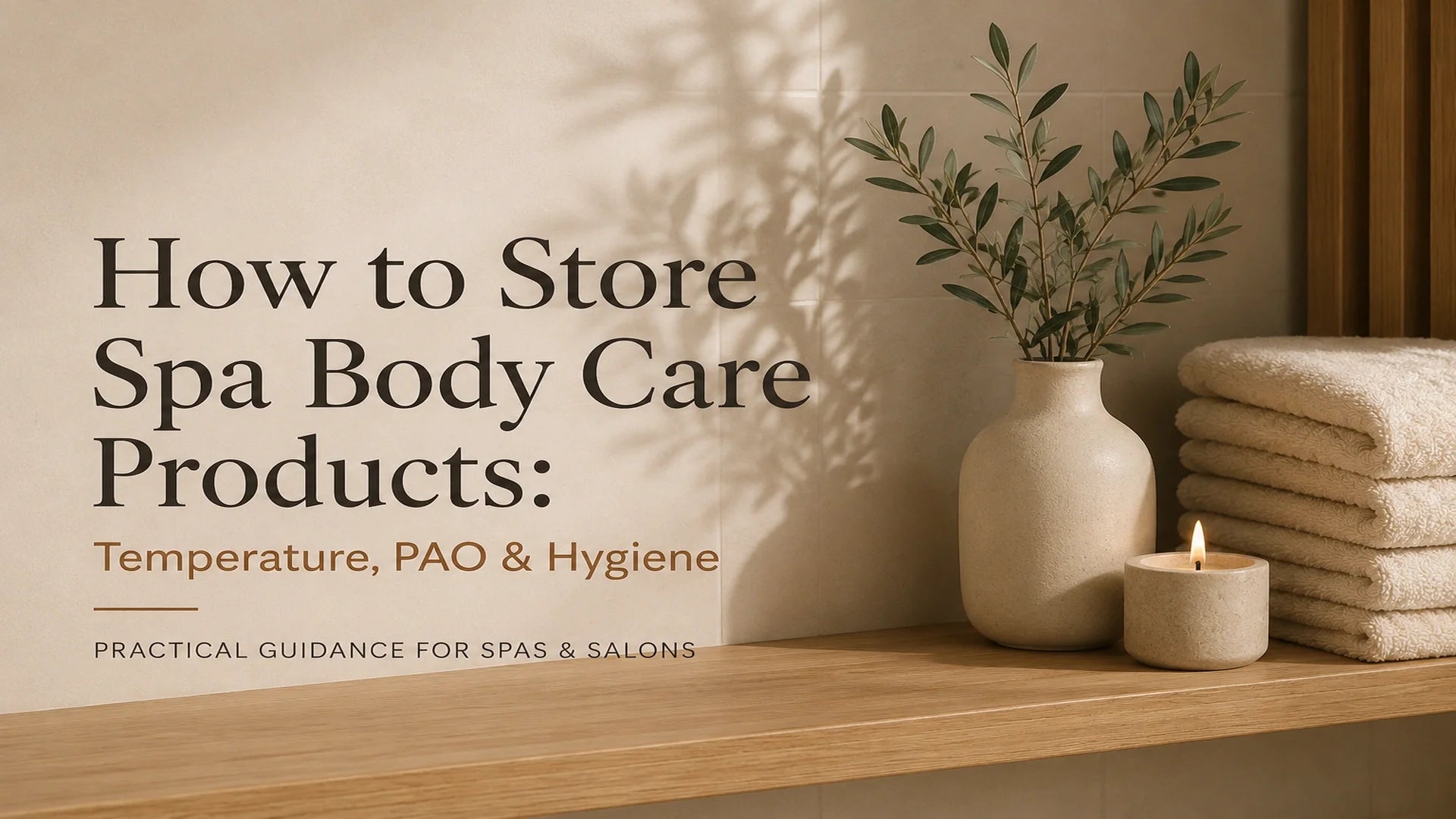 Spa body care products stored on a shelf with towels for temperature, PAO and hygiene guidance
